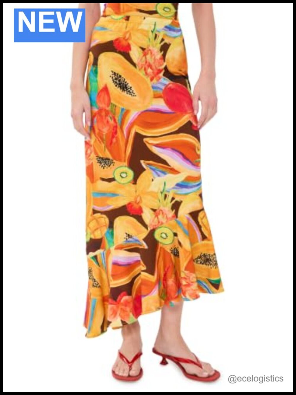 Asymmetric Midi Skirt High Stretch Jersey Fruit Print Wear to Work